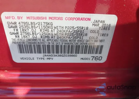 2016 Mitsubishi Outlander Se z USA, uszkodzony, nr VIN JA4AD3A38GZ039860